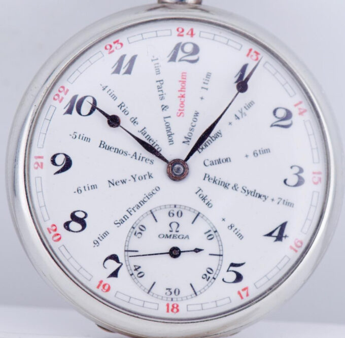 Antique Omega GMT WORLD TIME Pocket Watch Show the Time in 13 Cities WORLD MAP