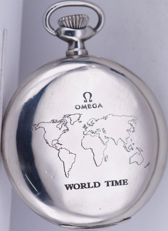 Antique Omega GMT WORLD TIME Pocket Watch Show the Time in 13 Cities WORLD MAP