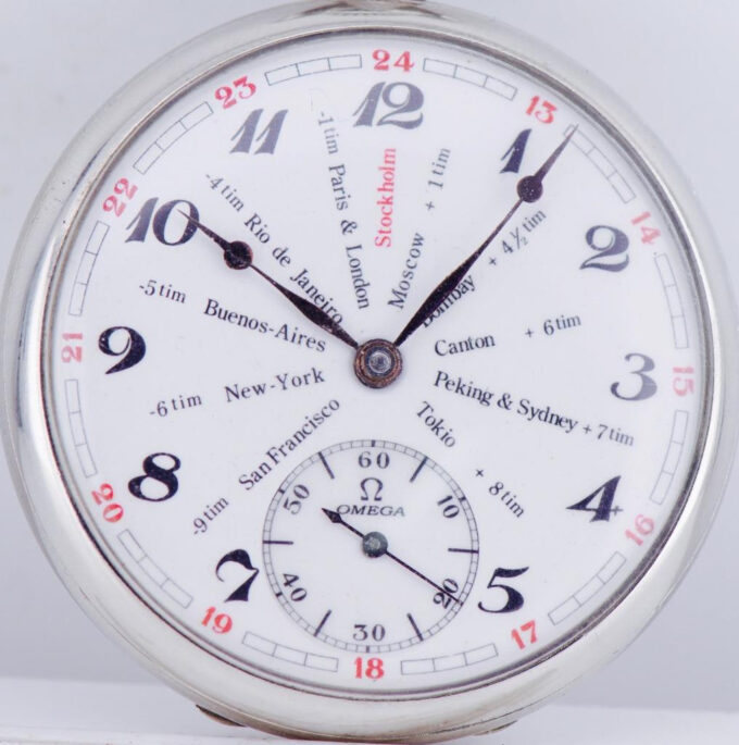 Antique Omega GMT WORLD TIME Pocket Watch Show the Time in 13 Cities WORLD MAP