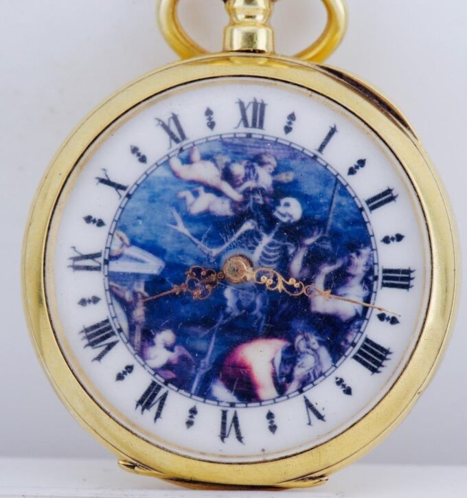 Antique French 18K Gilt Vermeil Silver Pocket Watch Memento Mori Skull