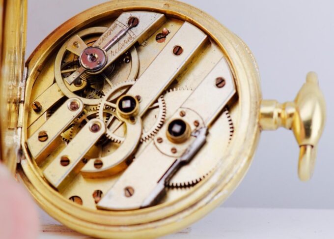 Antique French 18K Gilt Vermeil Silver Pocket Watch Memento Mori Skull