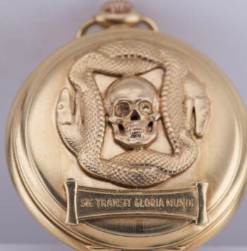 Antique 18K Gilt Vermeil Silver Pocket Watch Memento Mori Skull Ouroboros Snake