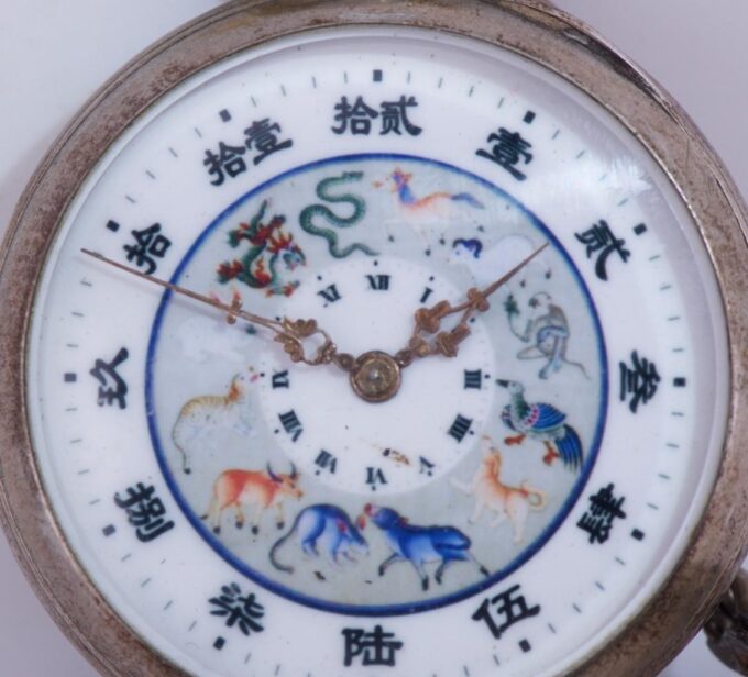 Antique Pocket Watch Chinese Qing Dynasty Era Fancy Enamel Zodiac Dial c1860
