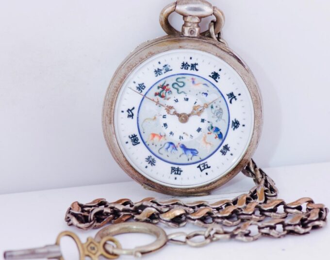 Antique Pocket Watch Chinese Qing Dynasty Era Fancy Enamel Zodiac Dial c1860