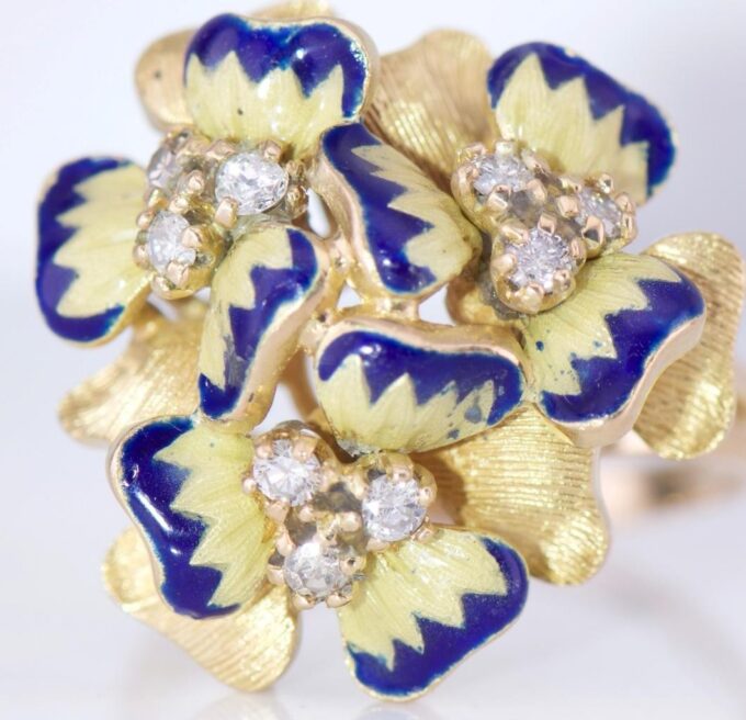 Antique Empire Faberge Ladies Flower Ring 18k Gold Enamel c1900's-ONE OF A KIND