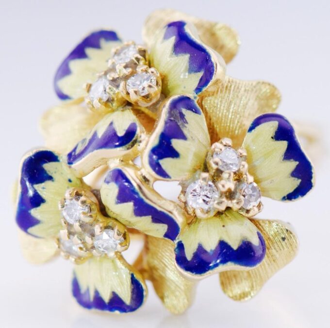 Antique Empire Faberge Ladies Flower Ring 18k Gold Enamel c1900's-ONE OF A KIND