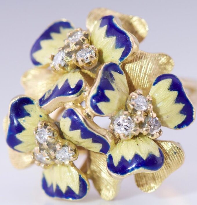 Antique Empire Faberge Ladies Flower Ring 18k Gold Enamel c1900's-ONE OF A KIND