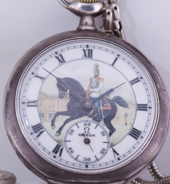Antique Imperial Officer's Award Omega Silver Pocket Watch-Nicholas II on Horse