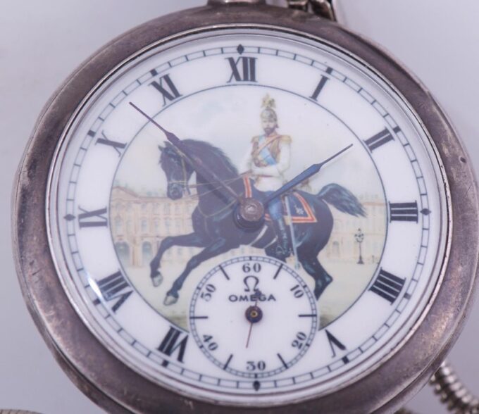 Antique Imperial Officer's Award Omega Silver Pocket Watch-Nicholas II on Horse