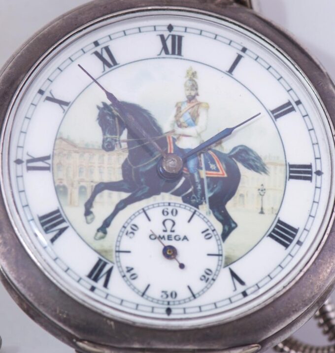 Antique Imperial Officer's Award Omega Silver Pocket Watch-Nicholas II on Horse