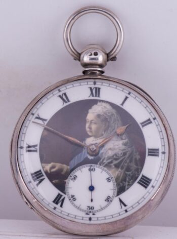 Antique Sterling Silver Pocket Watch Enamel Dial Portrait of Queen Victoria