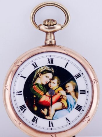 Antique Pocket Watch Enamel Dial Madonna Della Sedia after Raphael Painting 1900