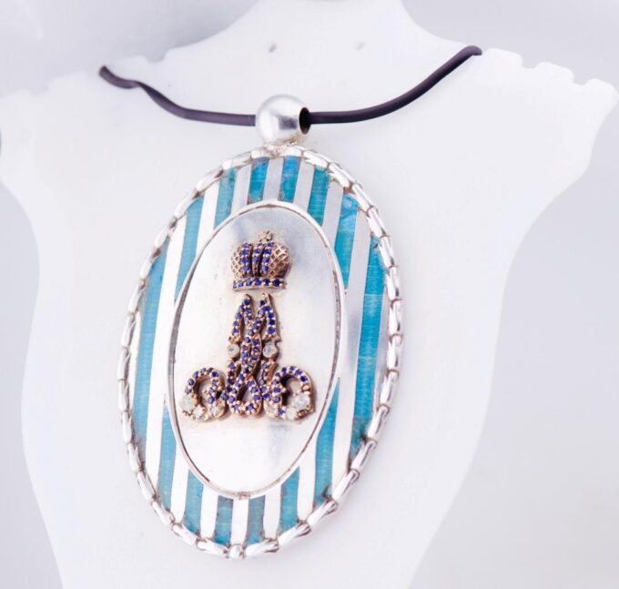 Antique Imperial Royal Award Silver Enamel Gold Sapphire Pendant Medallion c1891