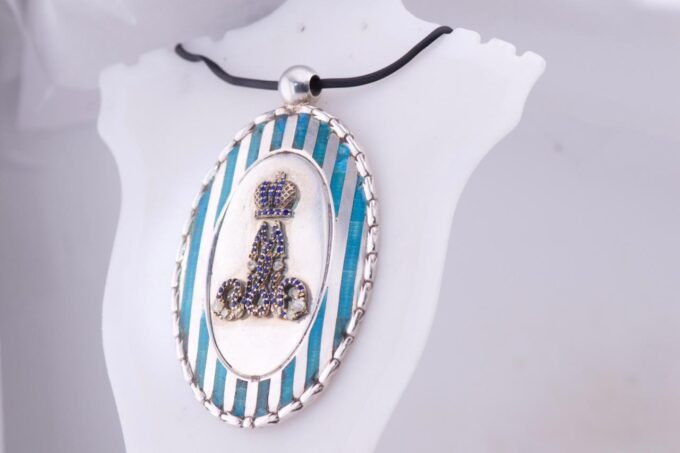 Antique Imperial Royal Award Silver Enamel Gold Sapphire Pendant Medallion c1891