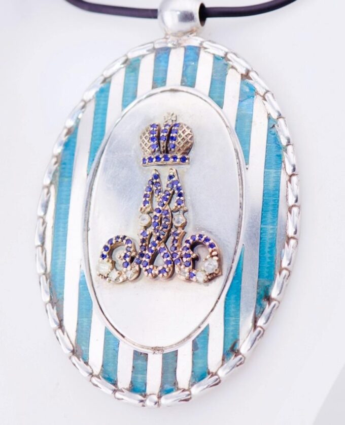 Antique Imperial Royal Award Silver Enamel Gold Sapphire Pendant Medallion c1891