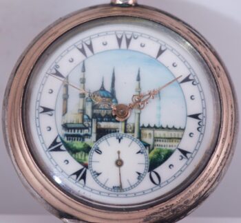 Antique Ottoman Market Pocket Watch – Blue Mosque Scene | Silver Case c1910