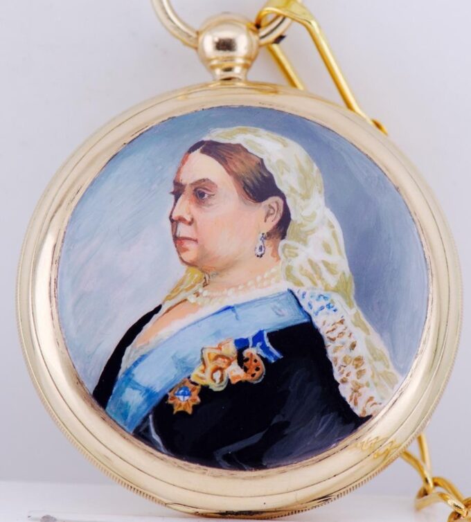 Antique Pocket Watch 18k Gold (112g)Hand Painted Enamel Portrait Queen Victoria