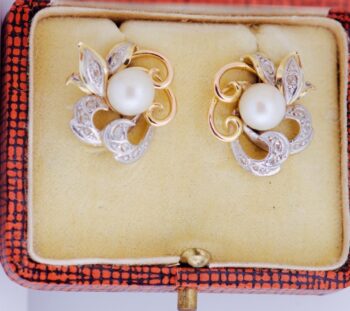Antique Empire Era Earrings Set 18k Gold Diamond Pearls c1890 Boxed