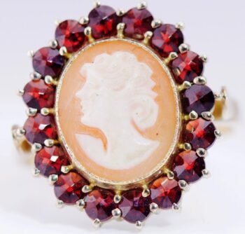 Beautiful Antique Victorian Vermeil Gilt Silver Garnets Cameo Ladies Ring