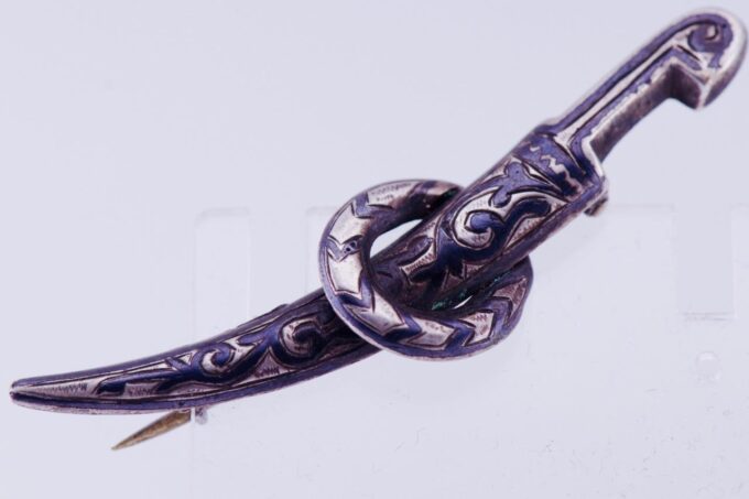 Antique Imperial Russ Tsar's Era Silver and Niello Brooch in Form of Shashka