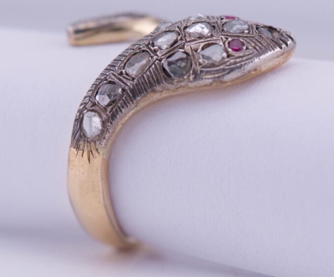 Antique Empire 14k Gold Diamond Ruby Snake Serpent Ladies Ring c1880's.