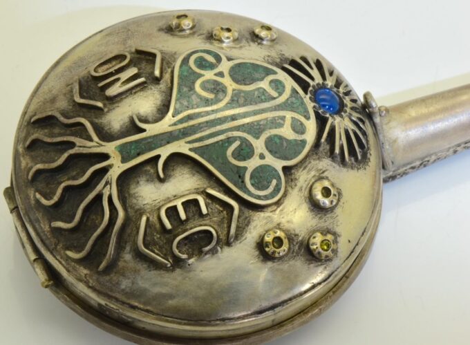 Imperial Russ Silvered Malachite Mandolin Box for Pocket Watch-Masonic c1880's