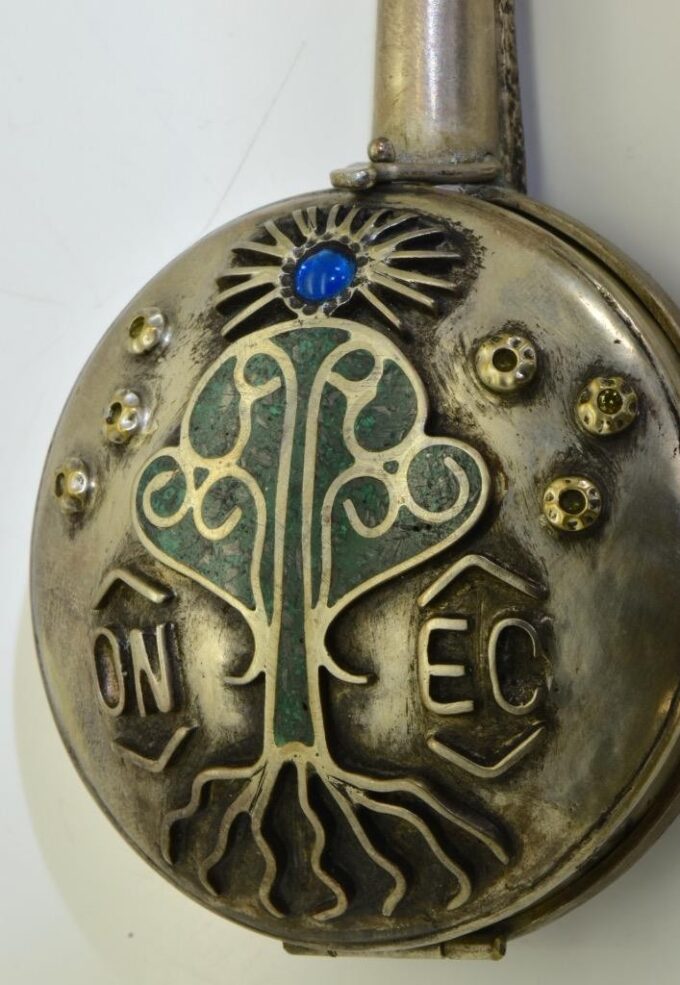 Imperial Russ Silvered Malachite Mandolin Box for Pocket Watch-Masonic c1880's
