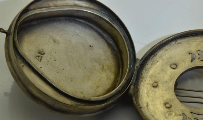 Imperial Russ Silvered Malachite Mandolin Box for Pocket Watch-Masonic c1880's
