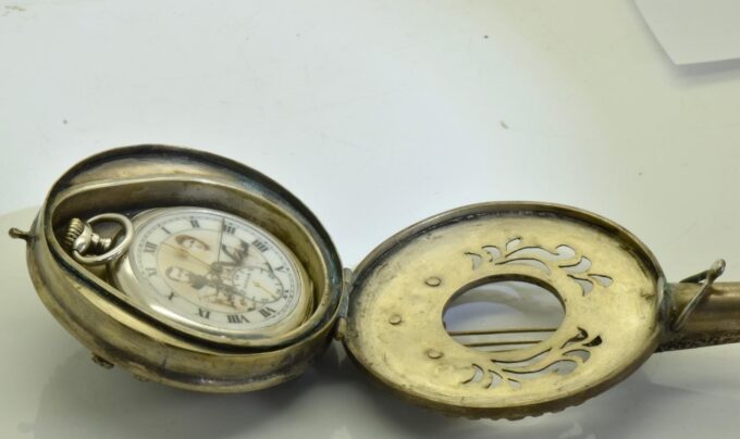 Imperial Russ Silvered Malachite Mandolin Box for Pocket Watch-Masonic c1880's