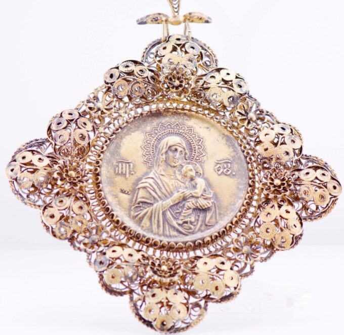 Vintage Orthodox Christian Pendant Hand Made Filigree 1000 Purity Silver Gilt
