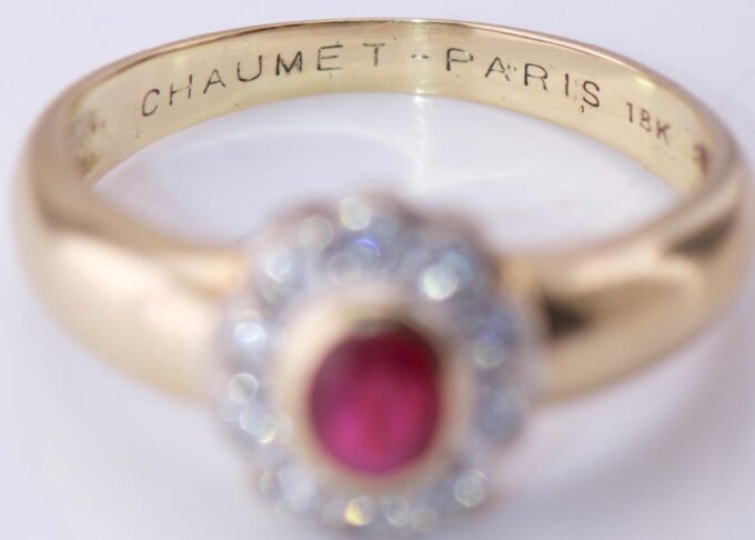 Antique French Art Deco Chaumet Ruby & Diamond 18k Gold Ring c1930s Original Box