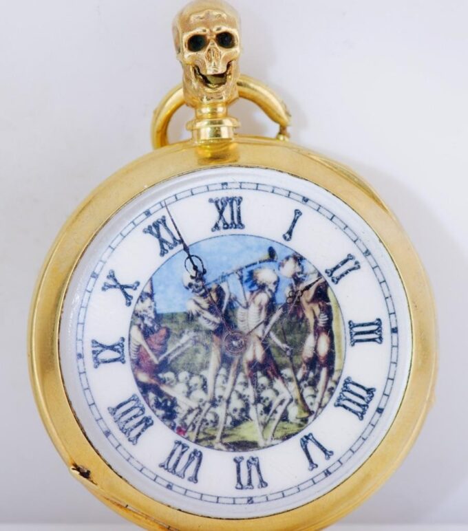 Antique Victorian Era “Memento Mori” Pocket Watch Gold-Plated Silver Case c1850