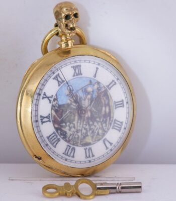 Antique Victorian Era “Memento Mori” Pocket Watch Gold-Plated Silver Case c1850