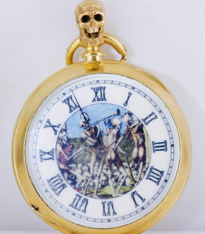 Antique Victorian Era “Memento Mori” Pocket Watch Gold-Plated Silver Case c1850