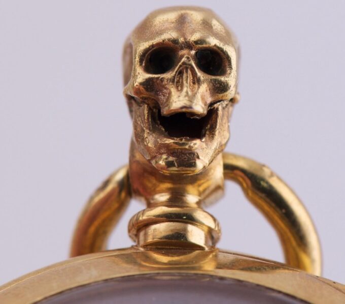 Antique Victorian Era “Memento Mori” Pocket Watch Gold-Plated Silver Case c1850