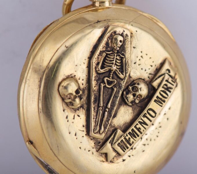 Antique Victorian Era “Memento Mori” Pocket Watch Gold-Plated Silver Case c1850