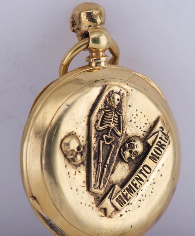 Antique Victorian Era “Memento Mori” Pocket Watch Gold-Plated Silver Case c1850