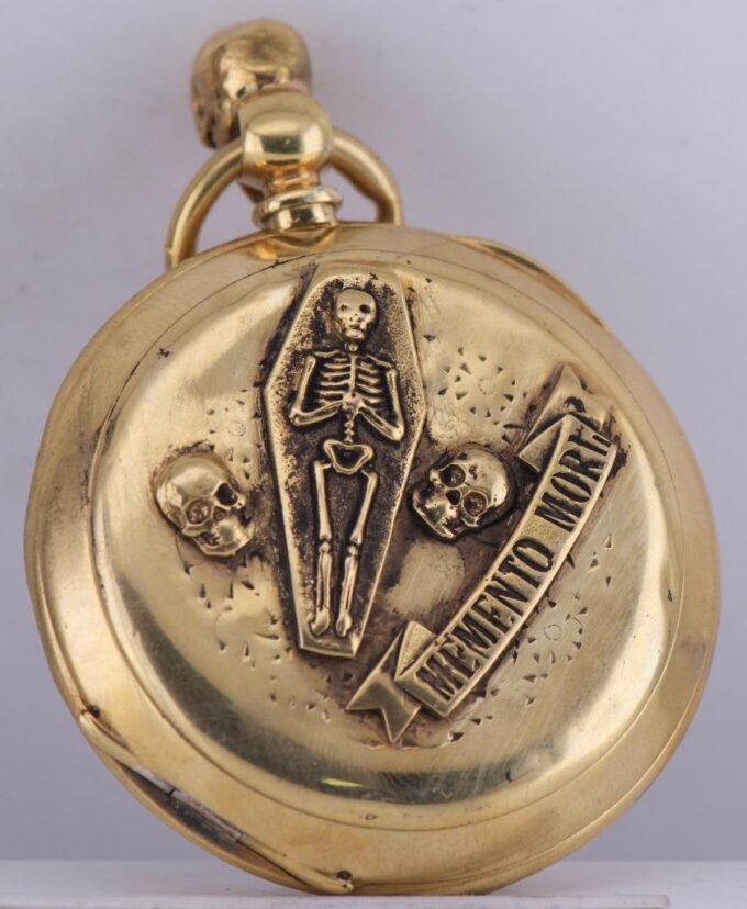 Antique Victorian Era “Memento Mori” Pocket Watch Gold-Plated Silver Case c1850