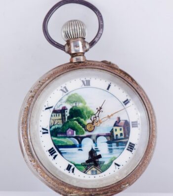 Antique Swiss Silver Automaton Pocket Watch Windmill Scene Enamel Dial c1890's