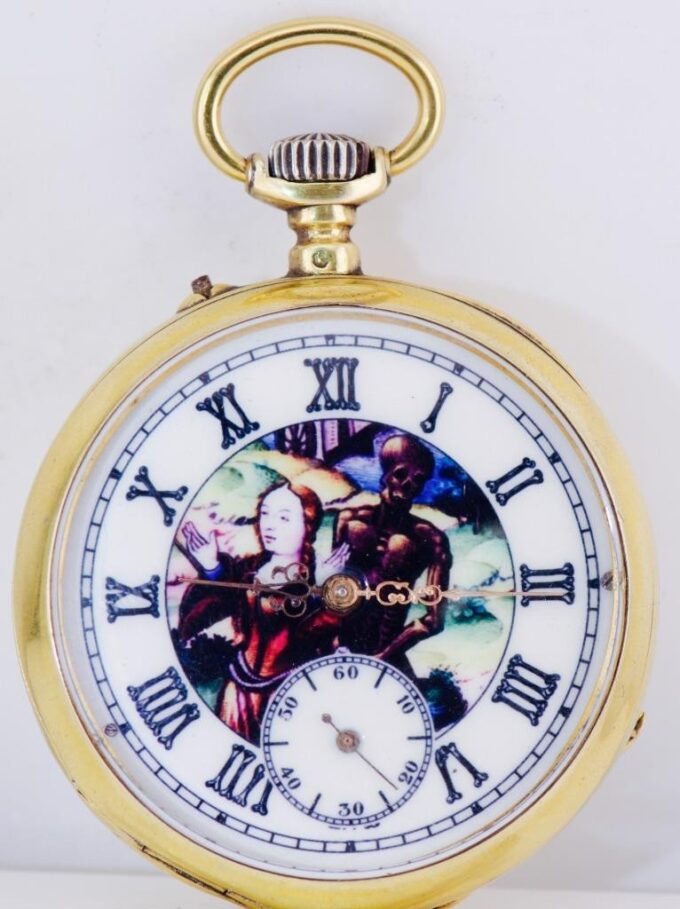 Antique Victorian Gilt Silver Pocket Watch – Memento Mori Ouroboros Skull 1890s