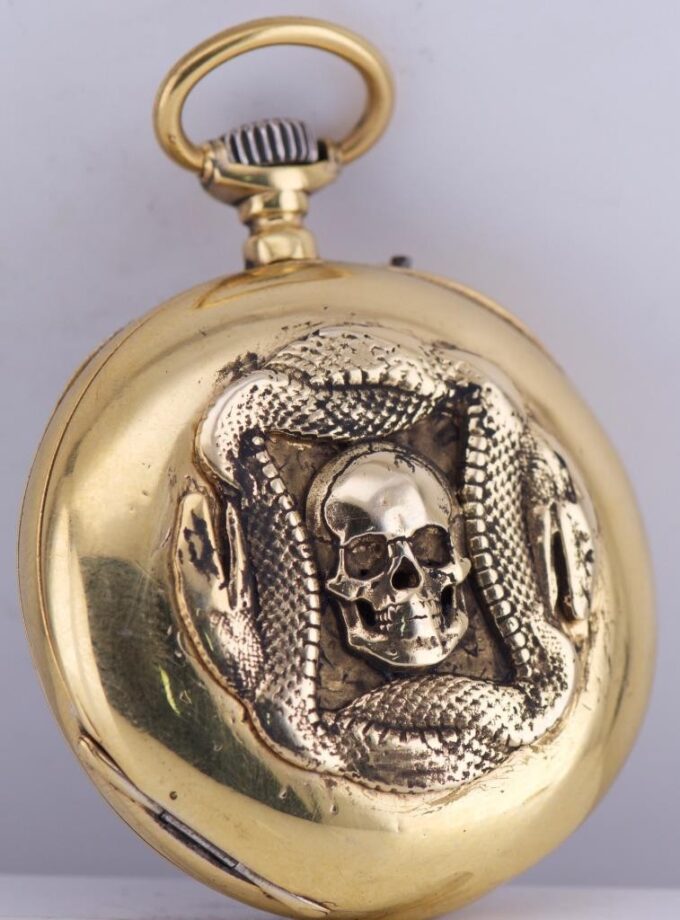 Antique Victorian Gilt Silver Pocket Watch – Memento Mori Ouroboros Skull 1890s