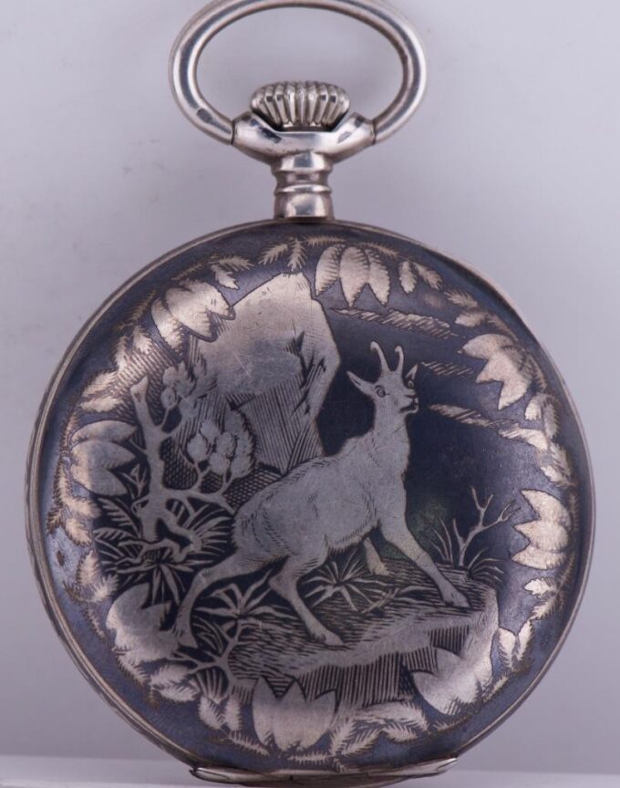 Antique Imperial Pocket Watch Silver Niello Case Hunting Scene Tsar Nicholas II