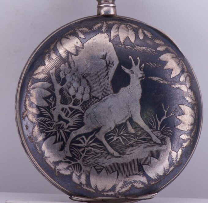 Antique Imperial Pocket Watch Silver Niello Case Hunting Scene Tsar Nicholas II