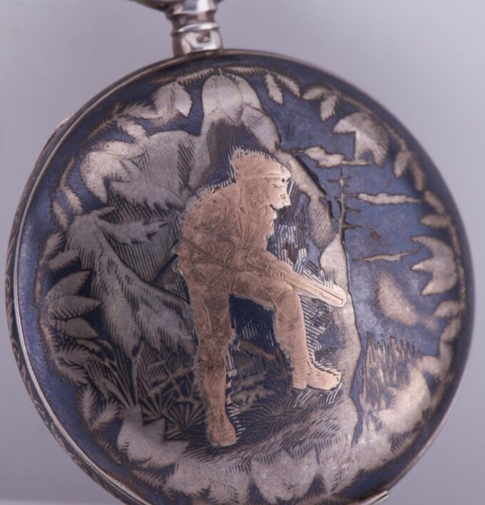 Antique Imperial Pocket Watch Silver Niello Case Hunting Scene Tsar Nicholas II