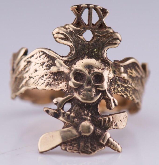 Antique Imperial Faberge WWI 14k Gold Pilot Skull Ring 19th Death Glory Regiment