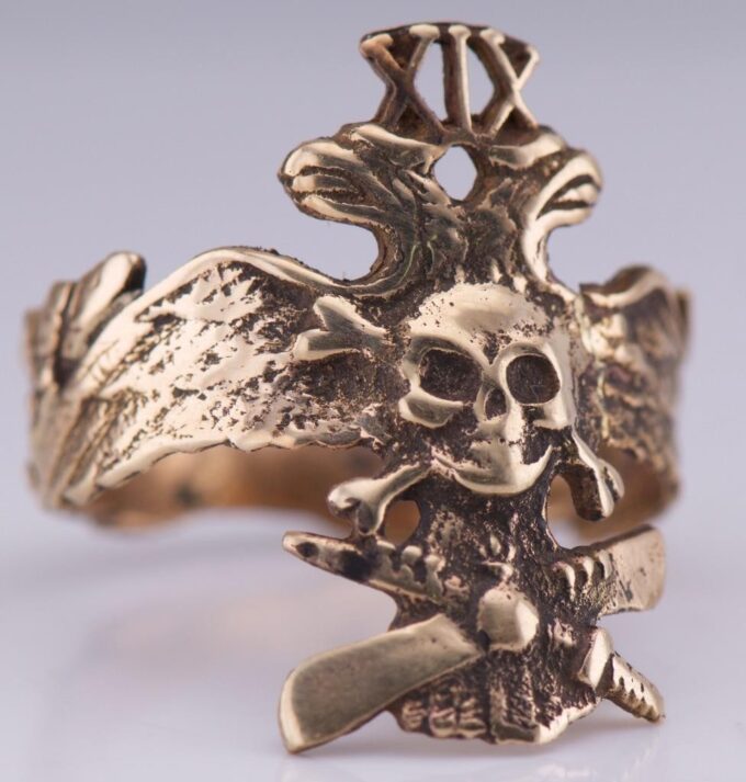 Antique Imperial Faberge WWI 14k Gold Pilot Skull Ring 19th Death Glory Regiment