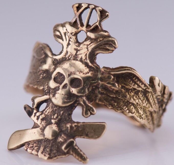 Antique Imperial Faberge WWI 14k Gold Pilot Skull Ring 19th Death Glory Regiment
