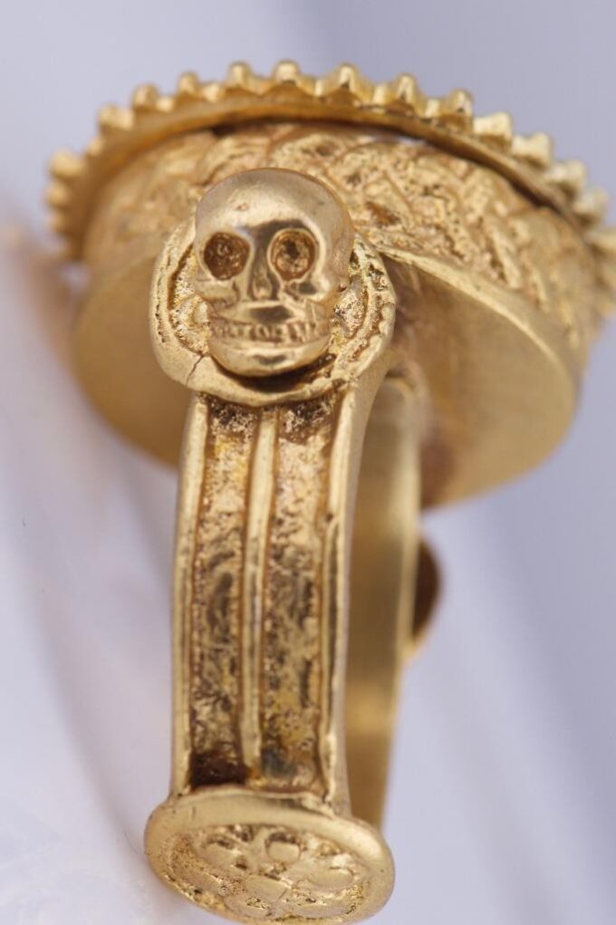 Antique Victorian Mens Poison Locket Ring Skull Occultist Gilt Silver Enamel