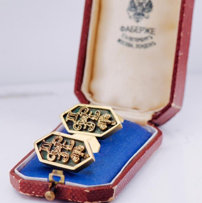 Antique Empire Fabergé 18k Goldplated Silver Enamel Cufflinks Set Tsar Monogram