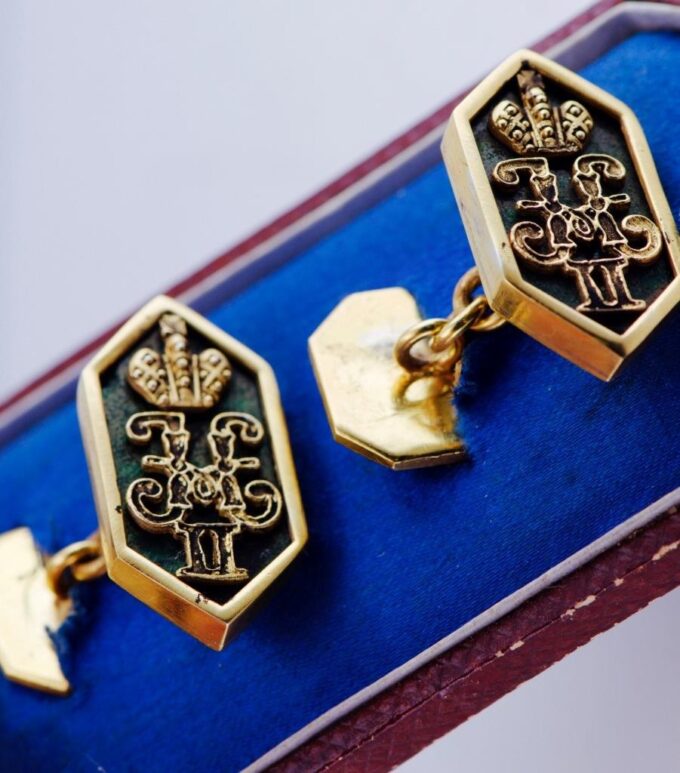 Antique Empire Fabergé 18k Goldplated Silver Enamel Cufflinks Set Tsar Monogram